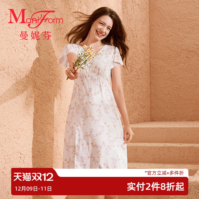 曼妮芬莫代尔V领高腰短袖裙装