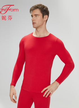 曼妮芬MW1男士圆领棉质暖衣暖裤抗菌秋衣裤打底套装本命年红色