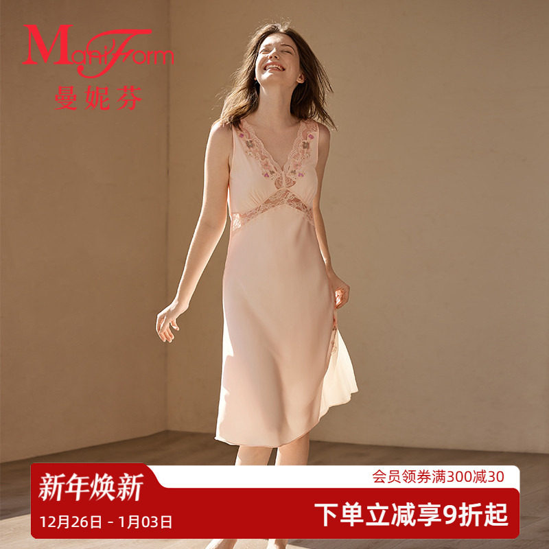 曼妮芬法式睡衣女士V领无袖蕾丝睡裙女舒适性感家居长款裙装