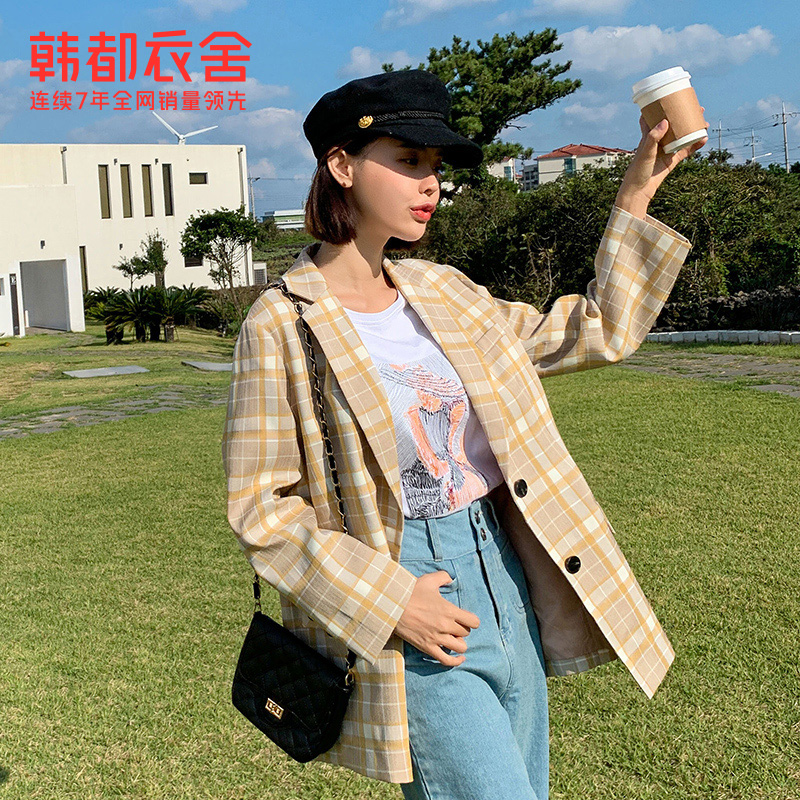 韩都衣舍outlets2020春装新款韩版女装气质格子复古西装RU2039筱