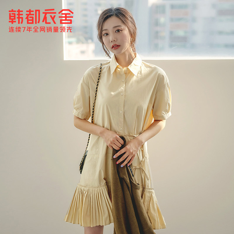 韩都衣舍outlets秋装女装韩版温柔气质系带捏褶连衣裙RJ7011筱淦