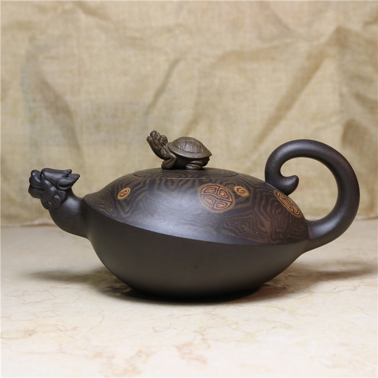 陶砂居 宜兴名家纯手工紫砂壶 茶具袁子鸣 原矿黑泥龟龙壶360cc