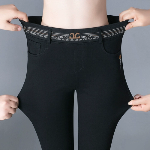 Темные черные джинсы, утепленные эластичные штаны для матери, коллекция 2023, осенние, высокая талия