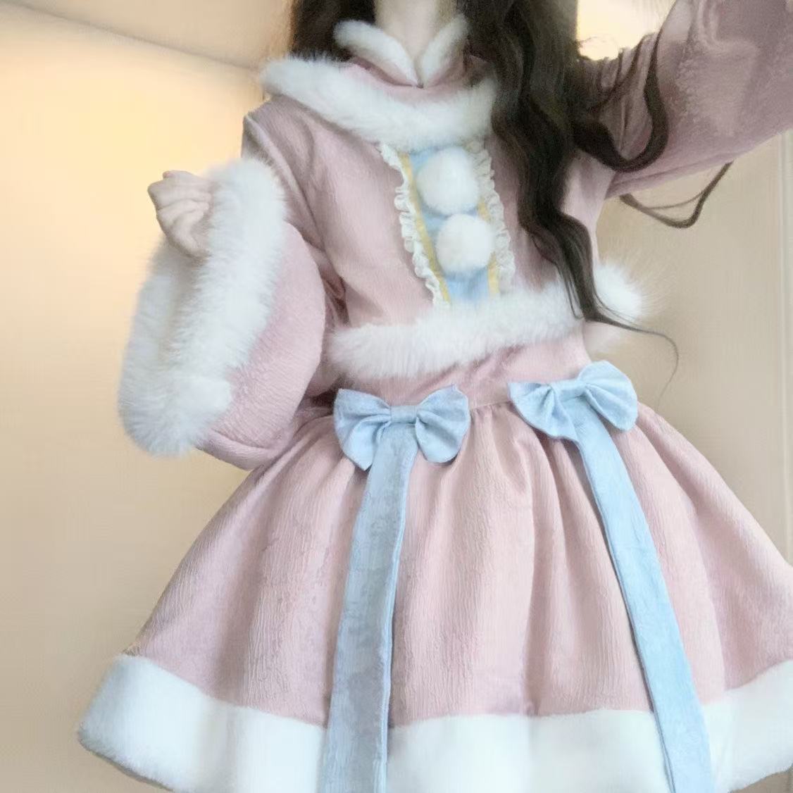 雪绒绒op中华风温柔假两件日常轻lo长袖加厚连衣裙