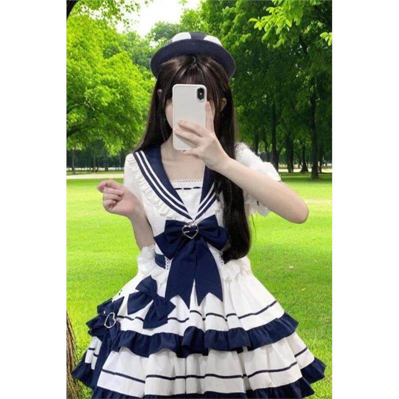 lolita裙子海军风连衣裙女短袖视觉系水手服套装蓝色海边出片裙子