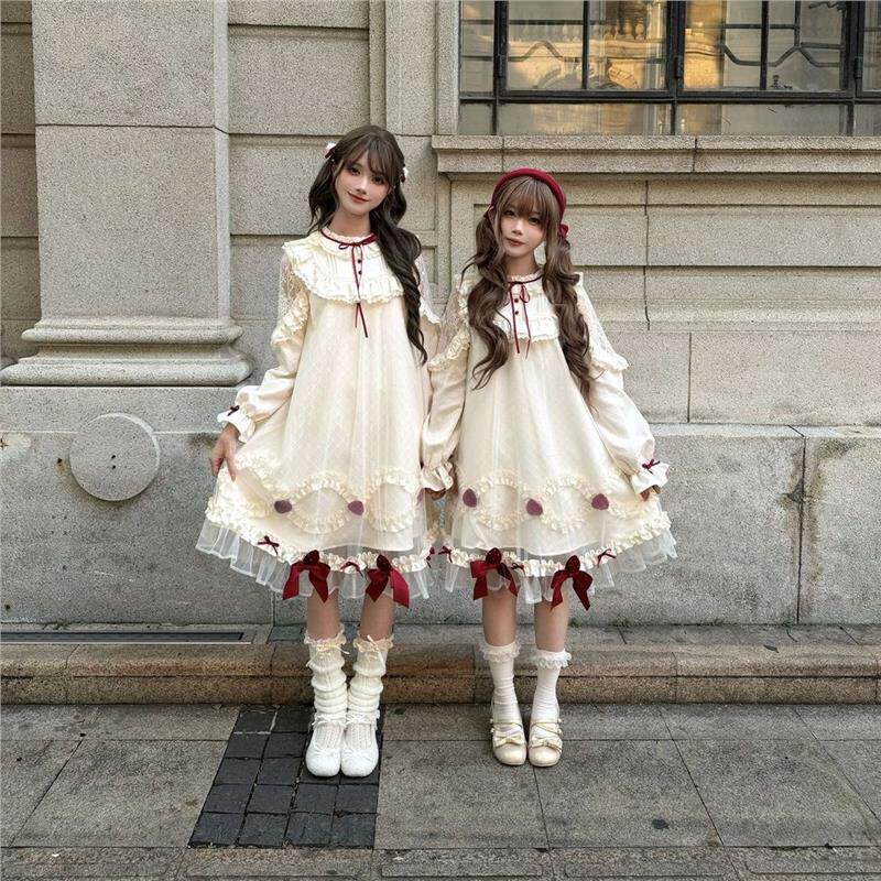 啦啦酱 草莓蛋糕 奶油蛋糕轻lo娃娃裙古早味doll感op长袖连衣裙