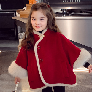 女童毛呢外套冬装2025新款儿童宽松加绒红色斗篷女孩新年短款大衣