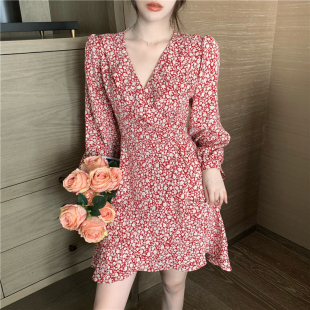 碎花雪纺连衣裙女长袖交叉v领收腰气质显瘦不规则裙子女