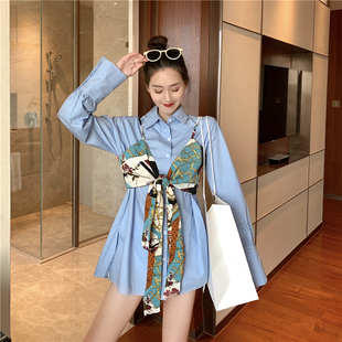 韩版长袖中长款衬衣连衣裙印花绑带蝴蝶结两穿吊带两件套