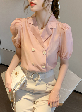 泡泡袖上衣女短袖2020夏季新款西装领雪纺衬衫女设计感雪纺衫