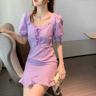 高腰显瘦设计感气质泡泡袖 薄款 短裙 新款 连衣裙女2020年夏季