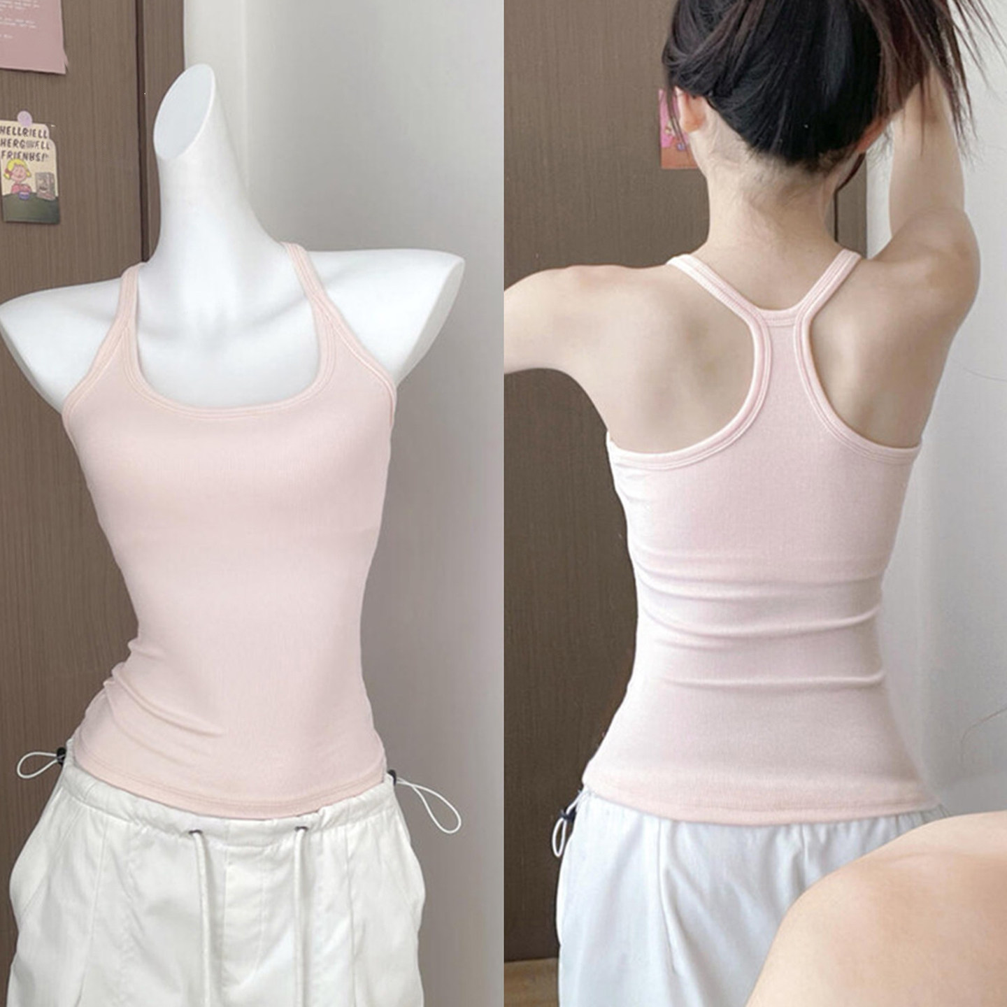 挂脖吊带背心女夏季外穿带胸垫健身运动2026新款工字瑜伽打底上衣