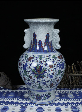 景德镇陶瓷摆件青花缠枝莲仿古官窑开片花瓶中式创意家居饰品