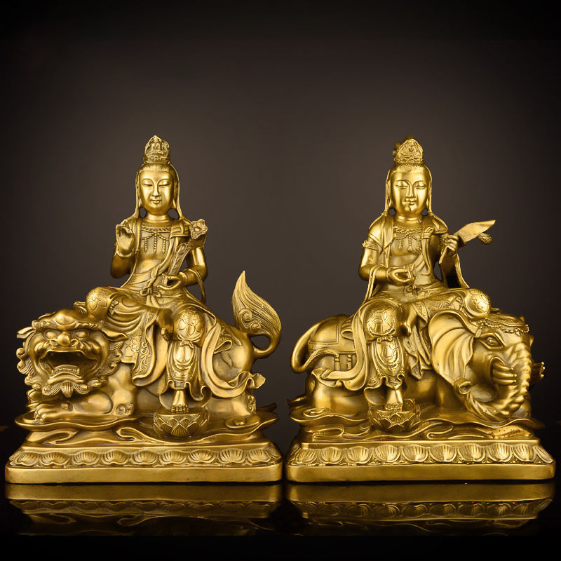 黄文殊普贤菩萨佛像黄铜家用居家大号普贤菩萨华严三圣菩萨佛像摆