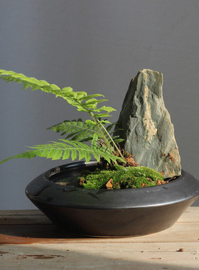 黑色陶瓷插花盘剑山插花器小原流花道日式禅意创意花盆简约新中式