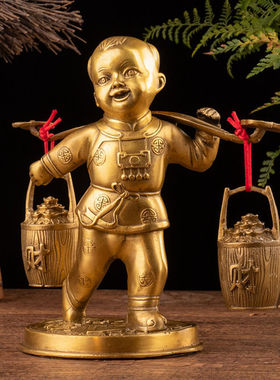 黄铜挑财运财童子摆件送财善财童子店铺客厅家居装饰工艺礼品