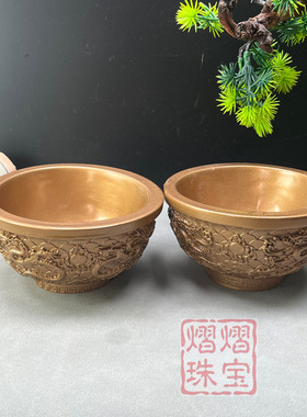 仿铜色回纹边饰双龙碗收碗心立龙藏十二生肖龙龙碗浮雕碗家居摆件