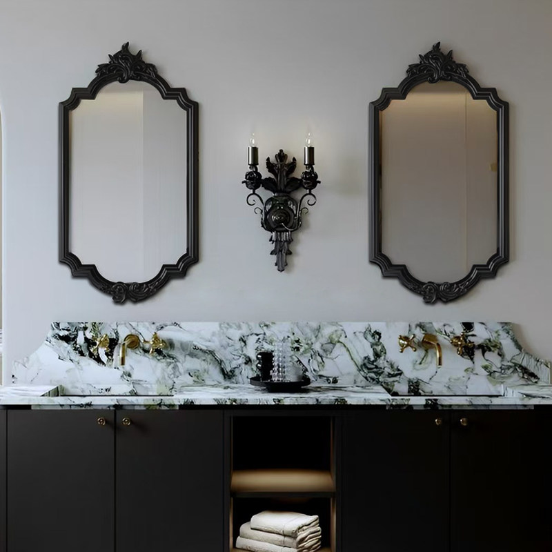 法式复古洗手台镜子壁挂雕花装饰镜酒店高端智能led化妆镜浴室镜