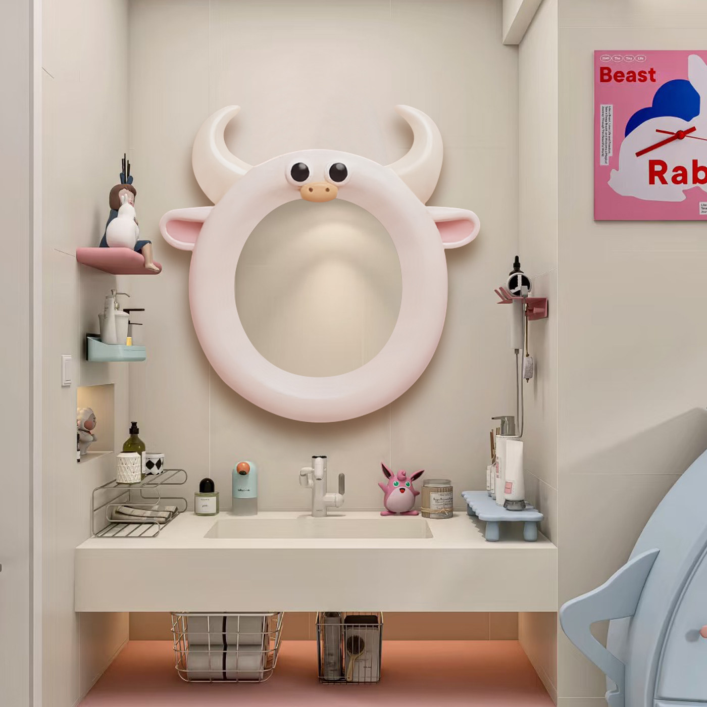 ins风生肖奶牛装饰镜网红爆款圆形化妆镜可爱造型带灯浴室卡通镜