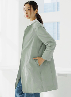 韩国时尚中年人405060女士通勤风中长款风衣春薄荷绿翻领宽松外套