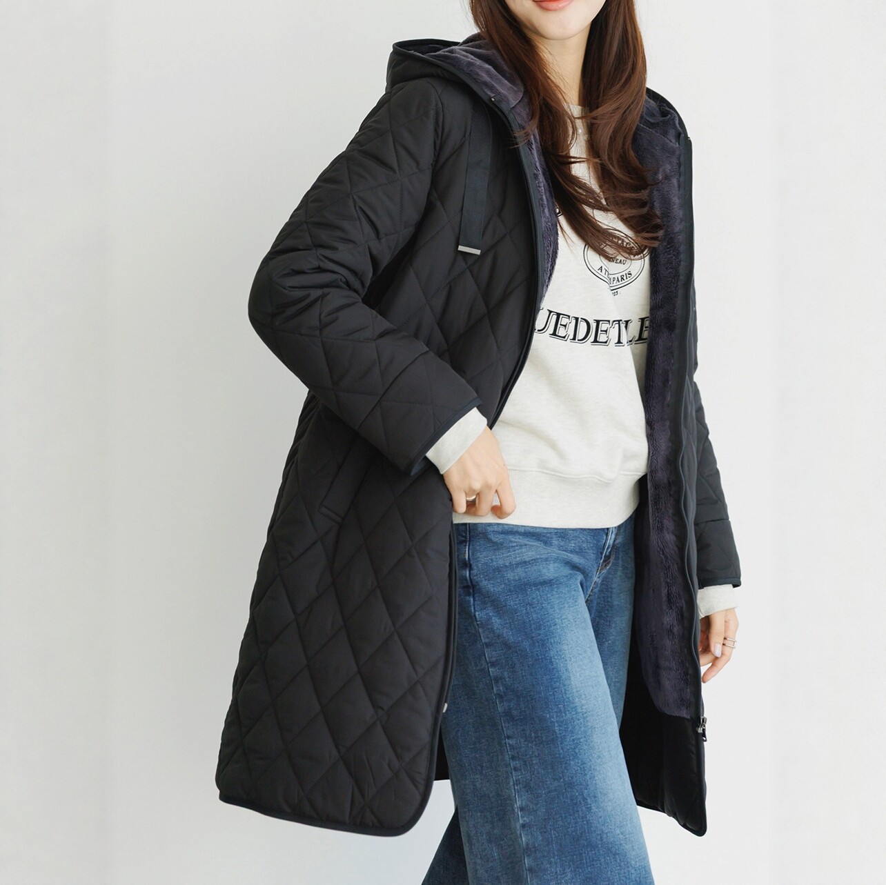 韩国代购菱格连帽加厚女棉服