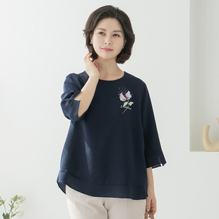 2025韩国进口夏短袖女蕾丝女宽松圆领上衣中年妈妈装背心打底T恤