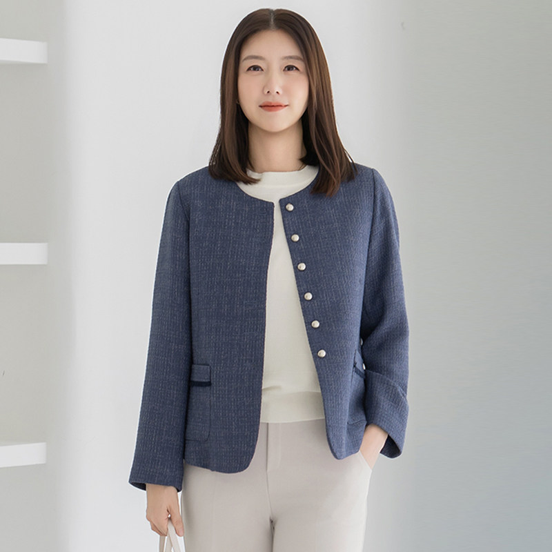 香风圆领短款显瘦蓝呢开衫女