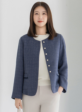 2026新品香风圆领毛呢外套女短款显瘦百搭气质蓝色开衫5060夹克