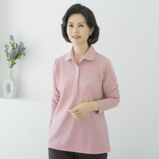 2026韩国新品时尚大码长袖T恤翻领套头百搭打底衫中老年人女小衫