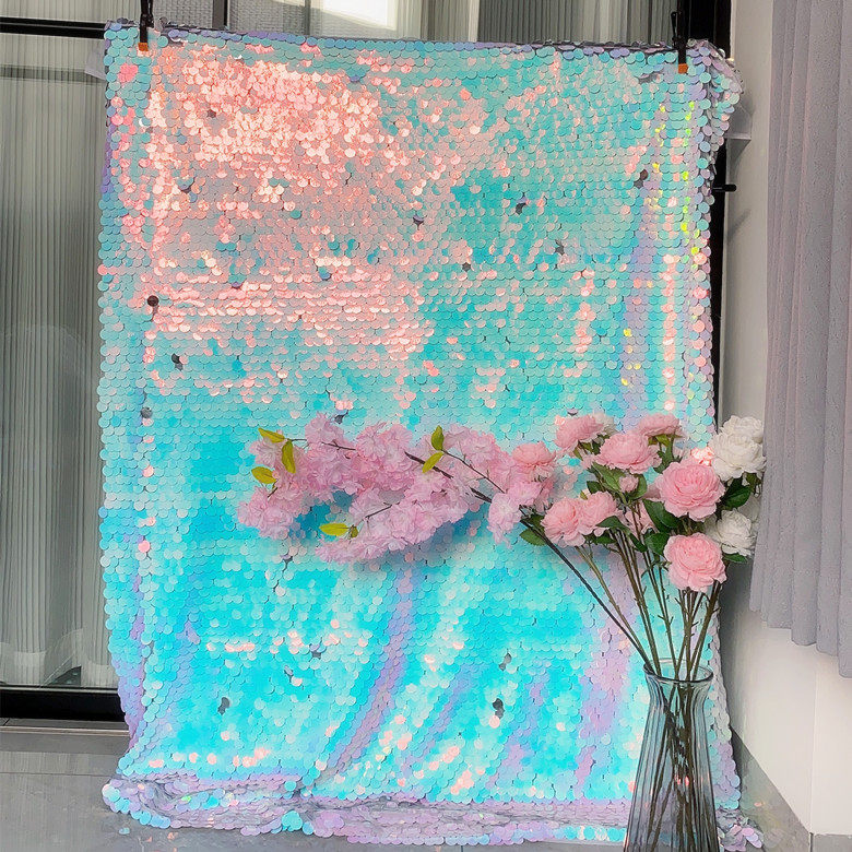 贝壳形幻彩粉鱼鳞片亮片布网红生日婚庆桌布拍摄背景布窗帘定制