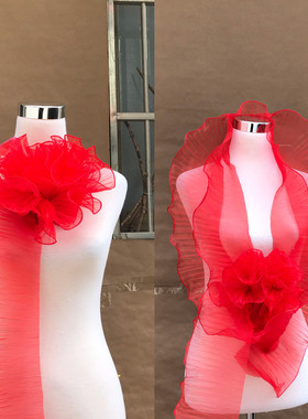 一米价宽13CM宽大红色荷叶花边波浪大花边百褶皱设计师花边辅料