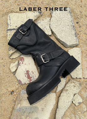 LABERTHREE 25秋冬新品机车风复古大头马丁靴复古厚底增高中筒靴