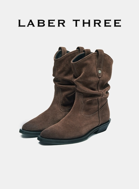 明星同款LABERTHREE秋冬新品时尚松弛感擦色褶皱西部靴中筒堆堆靴