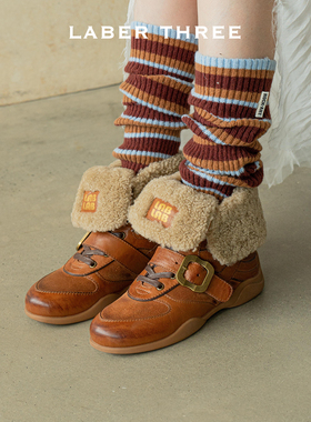 LABERTHREE25秋冬新品焦复古学院毛毛德训靴女扣带设计感时尚短靴