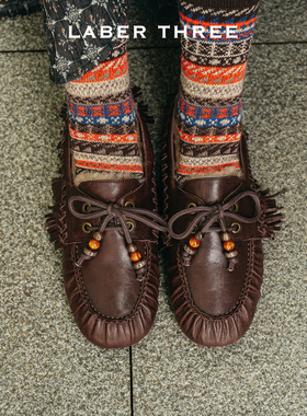 LABERTHREE 25秋冬新品撞色复古串珠抽皱绑带乐福鞋女单鞋豆豆鞋