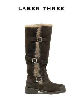 LABERTHREE2025新品弥冬旷野绕带雪地靴女复古擦色金属扣毛毛长靴