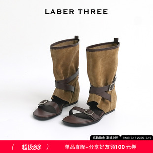 LABERTHREE26春夏新品转角巴黎绕带凉靴复古做旧堆堆靴金属扣凉鞋