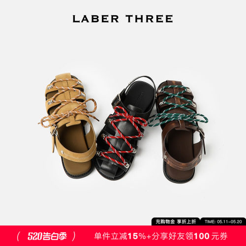 LABER THREE 新品脚感舒适个性时髦编织撞色绑带经典罗马平底凉鞋