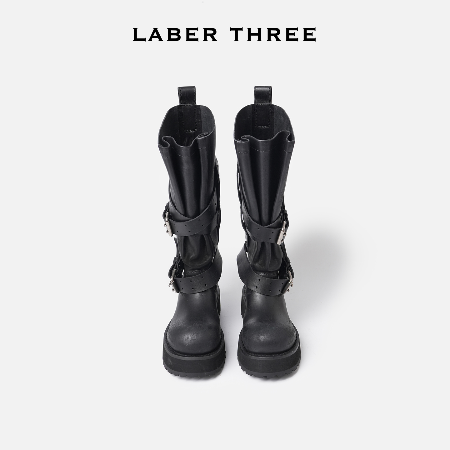 一脚蹬腰带机车靴长筒靴