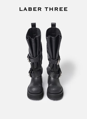 LABERTHREE 25秋冬新品一脚蹬腰带机车靴都市酷感厚底黑色长筒靴