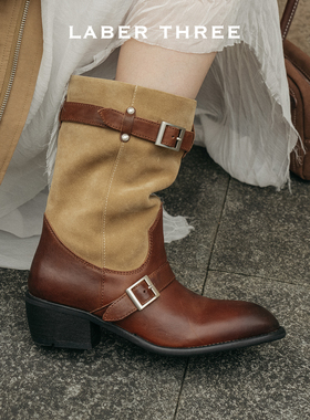 LABERTHREE 李一桐同款美拉德堆堆复古撞色马靴时尚西部靴中筒靴