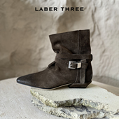 LABERTHREE秋冬新品 低跟牛皮靴女 都市游牧绕带美拉德复古短靴时尚