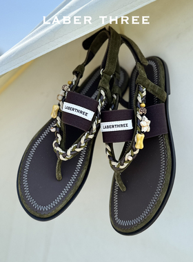 LABERTHREE 2025新款海盐气息度假风编织夹脚平底舒适休闲凉鞋女