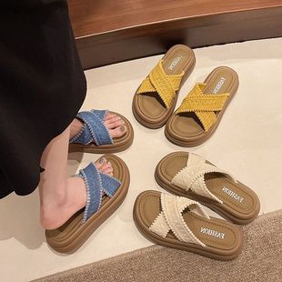 防滑松糕沙滩2025 穿凉拖鞋 透气凉鞋 春夏季 波西米亚风女外厚底新款