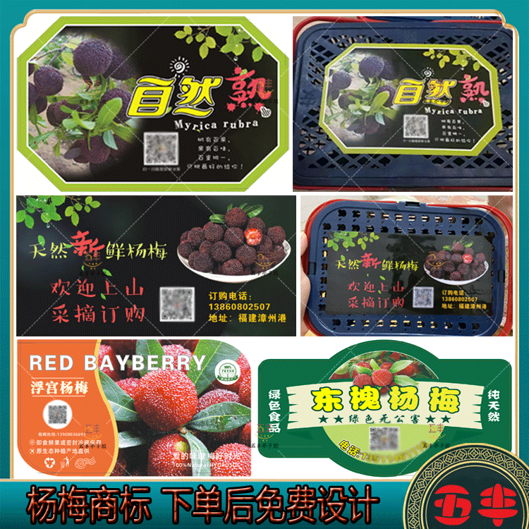 定制仙居二都东魁杨梅不干胶标签圣生梅白蒂梅黑炭梅水果商标设计