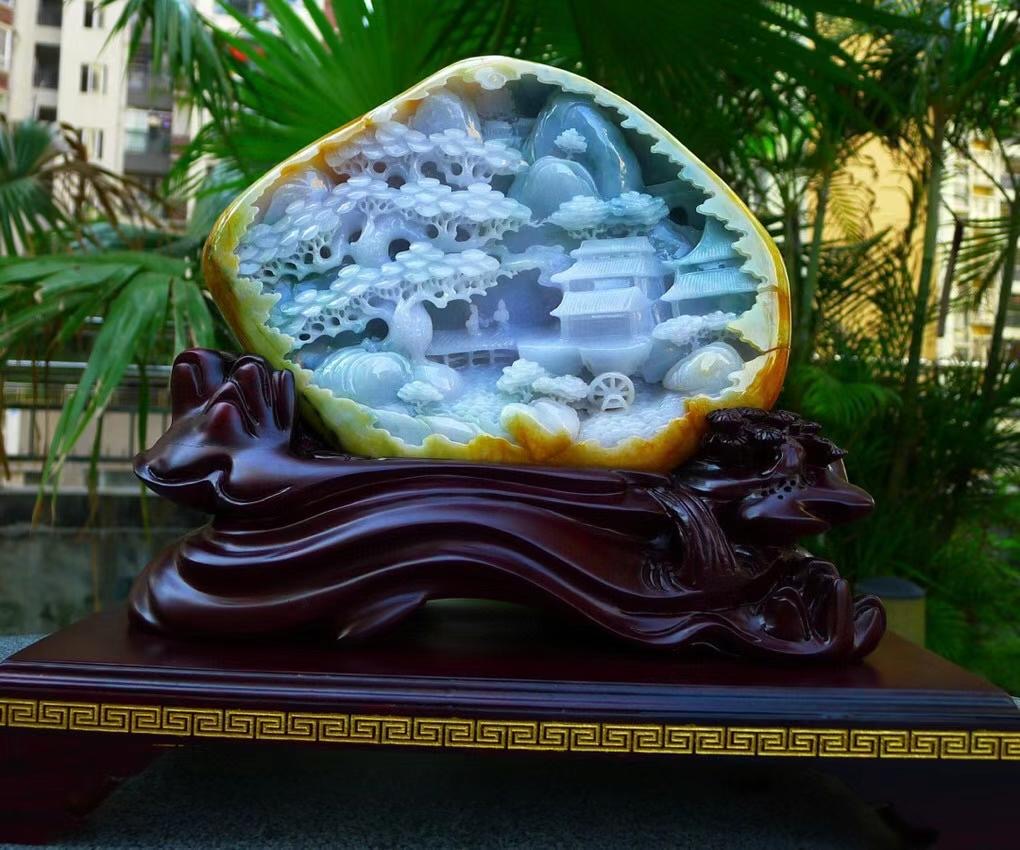 缅甸天然翡翠A货摆件 精美 翡翠山水摆件 原石雕刻 三彩收藏6.25