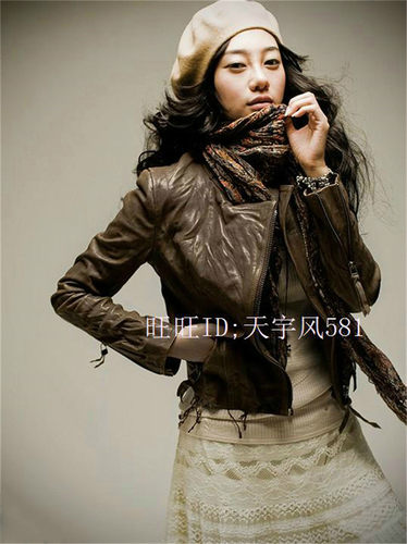 韩版新款真皮皮衣女百搭款皱褶机车皮衣女式修身短款外套咖啡色
