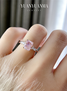 粉宝石戒指 2克拉仿真钻进口定制欧美ins婚戒真钻切割18K纯银