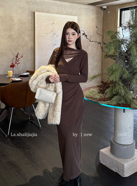 LS 优雅气质v领纯色修身连衣裙 广州十三行2025秋冬新品女装23012