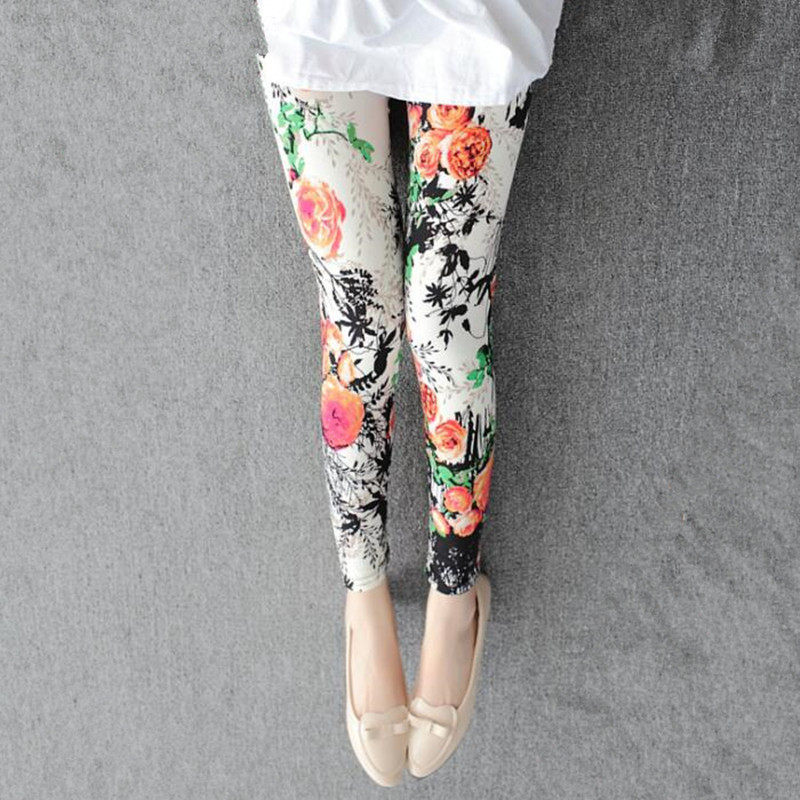 春季复古玫瑰花朵薄款打底裤女弹力牛奶丝修身显瘦九分裤子